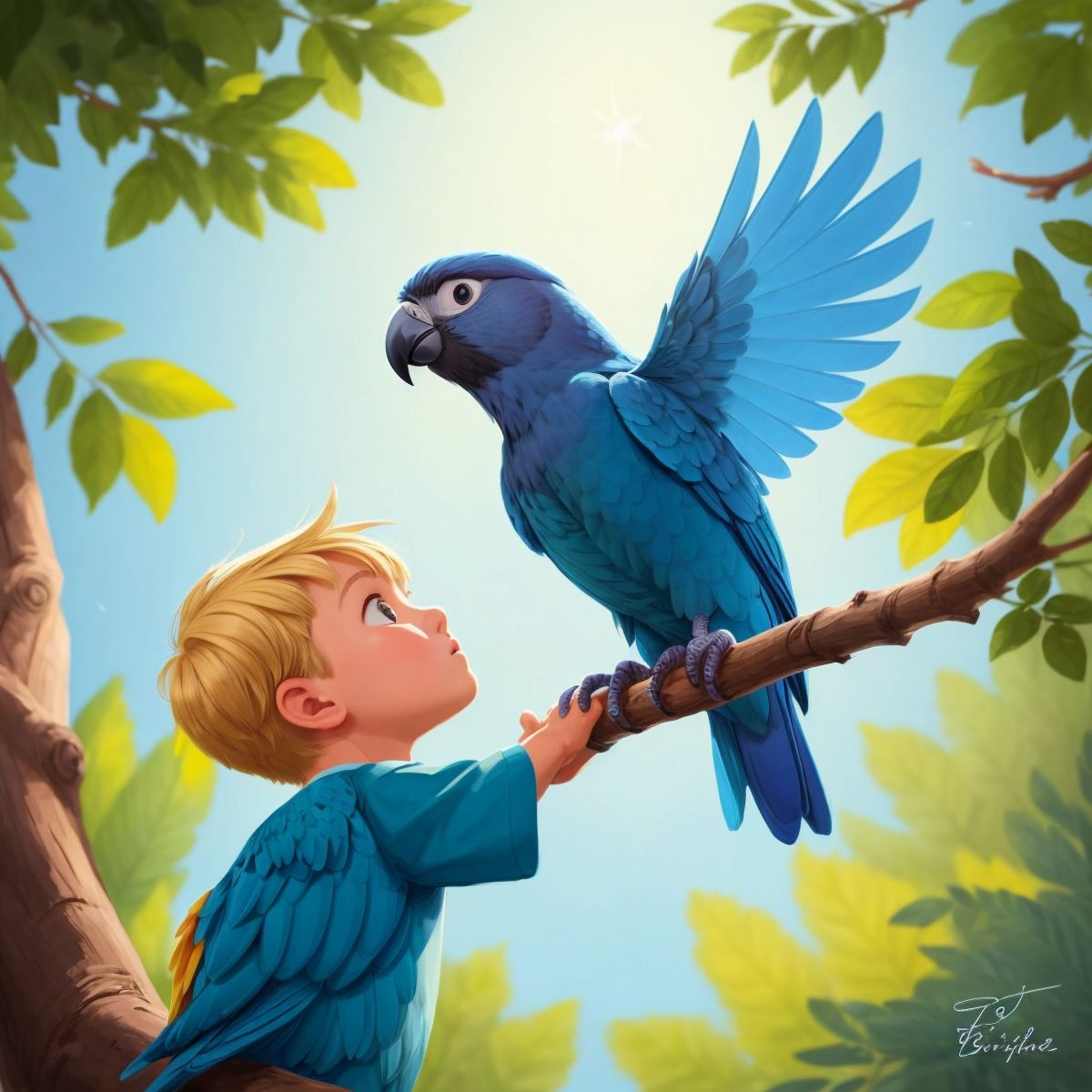 Kiro the blue bird perched on a tree branch singing, with Timmy looking up at him from below.