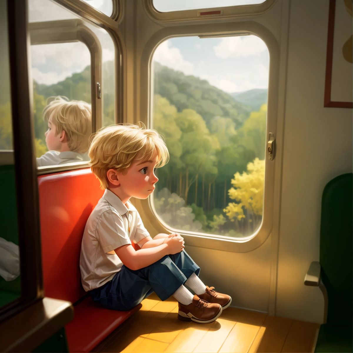 Timmy sitting alone in a train compartment looking out the window at a vast forest.