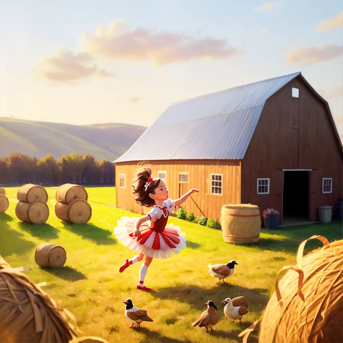 Tina the Turkey wearing a tutu, practicing ballet moves in a barn with hay bales in the background.