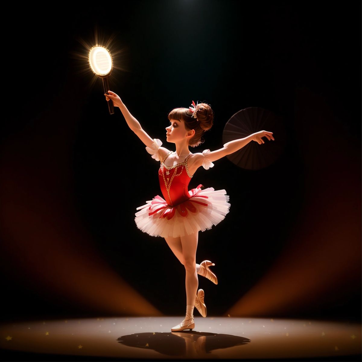 Tina the Turkey performing on stage with a spotlight on her, wearing a beautiful tutu and executing a perfect ballet pose.