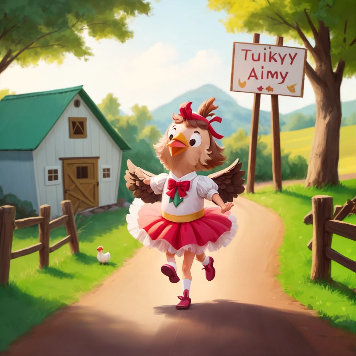 Tina the Turkey excitedly waddling towards a barn with a sign that reads 'Animal Ballet Class Today!'