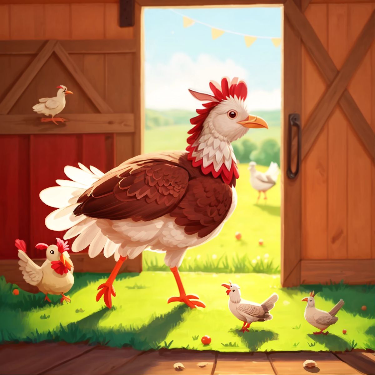 Tina the Turkey practicing ballet moves alone with determination, while other farm animals watch from the barn door.