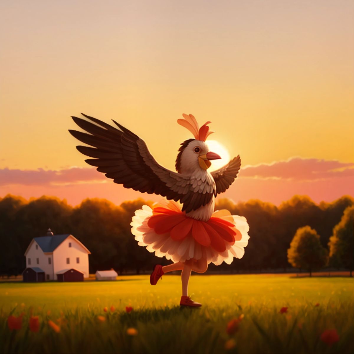 Tina the Turkey dancing joyfully with a backdrop of a sunset over the farm, symbolizing her inspiring legacy.