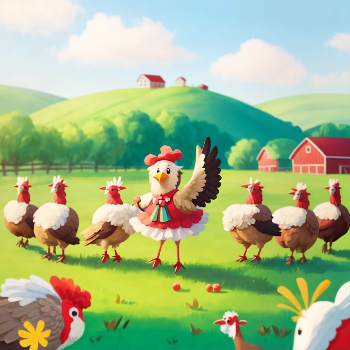 Tina the Turkey teaching dance moves to a group of farm animals, with a backdrop of the farm and a clear blue sky.