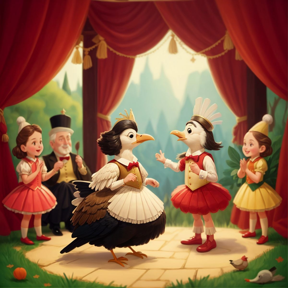 Tina the Turkey being congratulated by Madame Odette, while other animals cheer in the background.