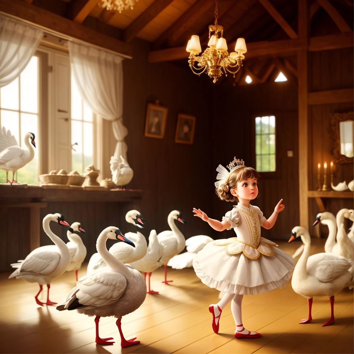 Tina the Turkey looking at Madame Odette, a graceful swan, who is teaching ballet to a group of animals in the barn.