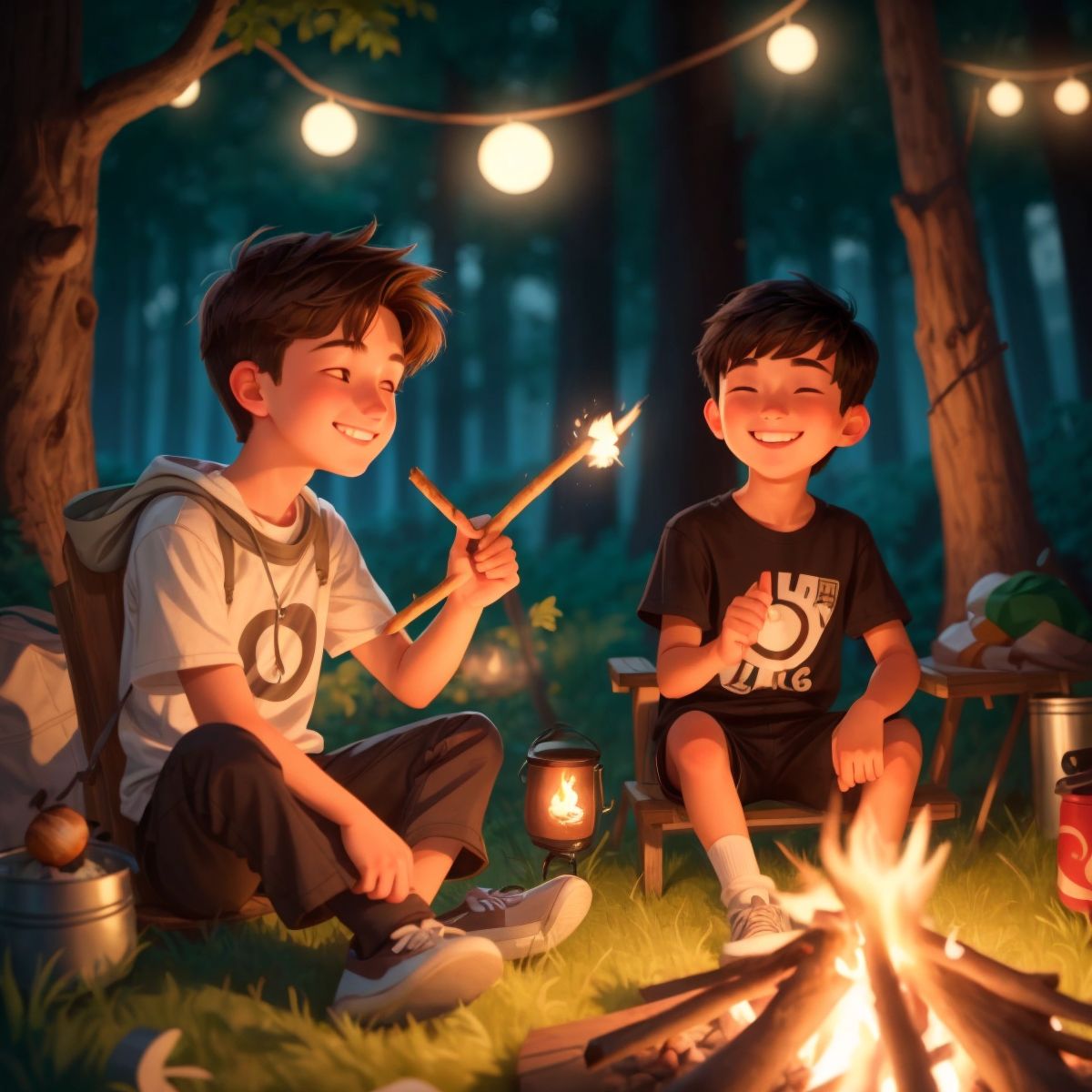 Luke sitting by the campfire with a marshmallow on a stick, smiling at Jason who is speaking to him.