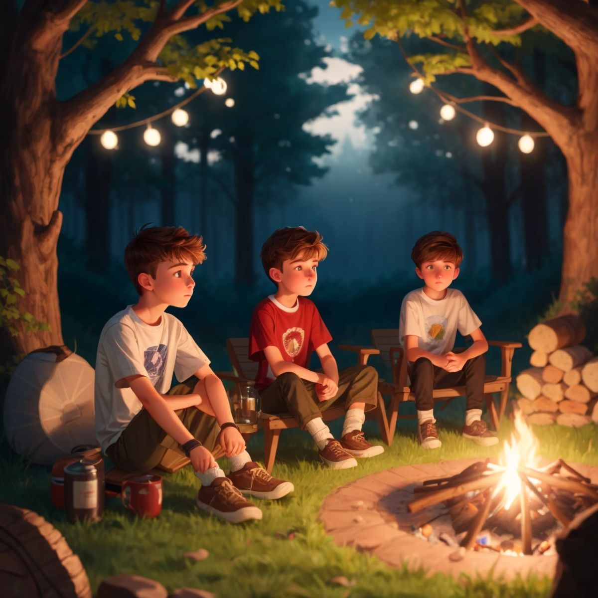 Luke sitting around the campfire with others, looking reflective and a bit sad.