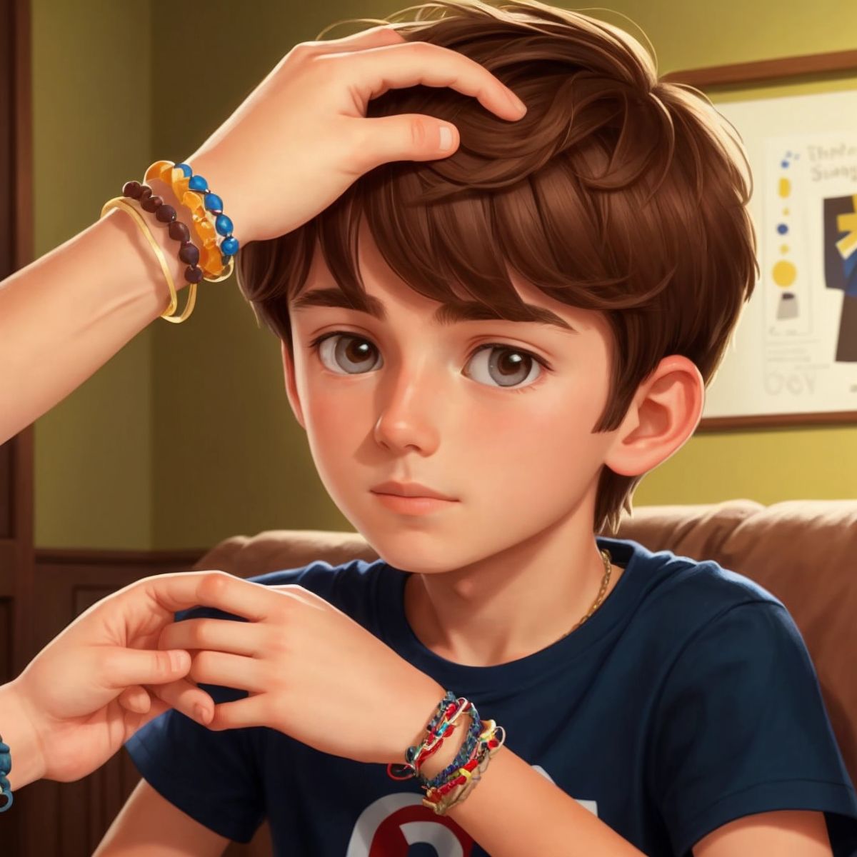Luke receiving a friendship bracelet from a hand, with the bracelet being the focal point.