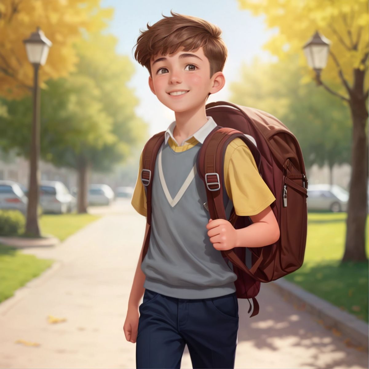 Luke walking into school with a confident smile, holding his backpack straps.