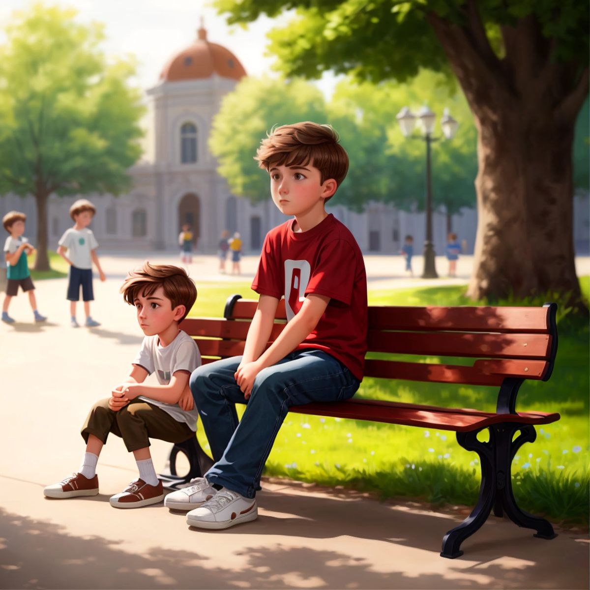 Luke sitting alone on a bench, looking nervous with kids playing in the background.