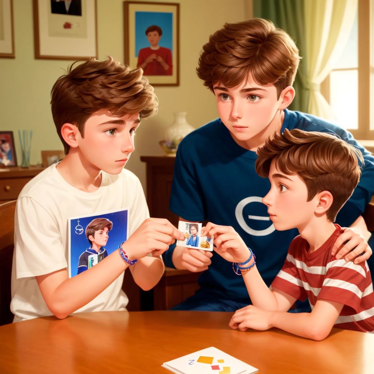 Luke at home, showing his parents the friendship bracelet and a photo of him performing the magic trick.