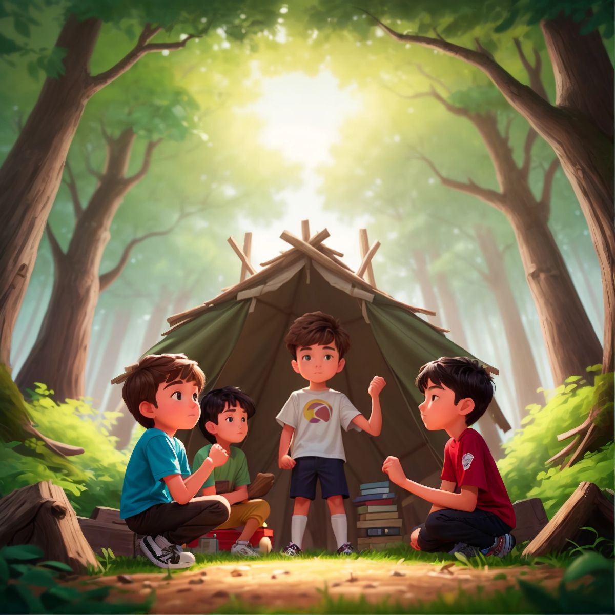 Luke, Jason, and Paulina building a fort in the woods, but only Luke is in the frame, holding a piece of wood.