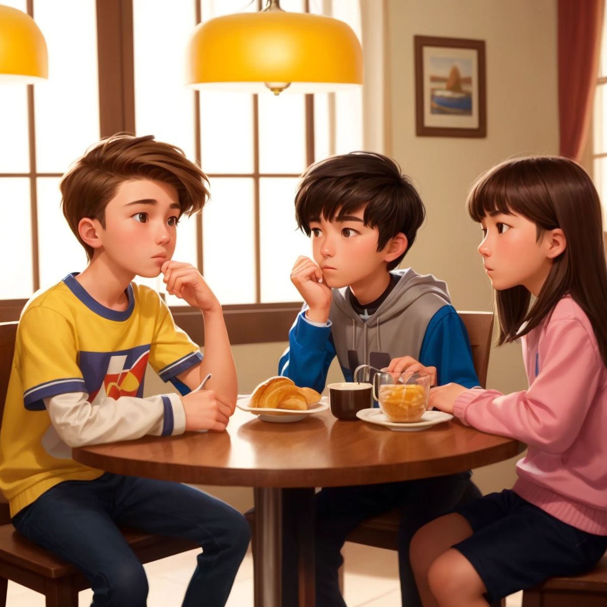 Luke sitting at a breakfast table with Jason and Paulina, looking surprised as they talk to him.