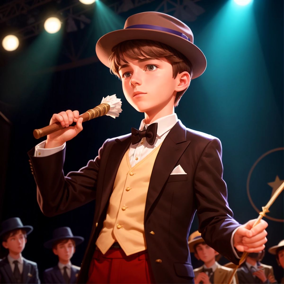 Luke on stage at the talent show, with a magician's hat and wand, performing a magic trick.