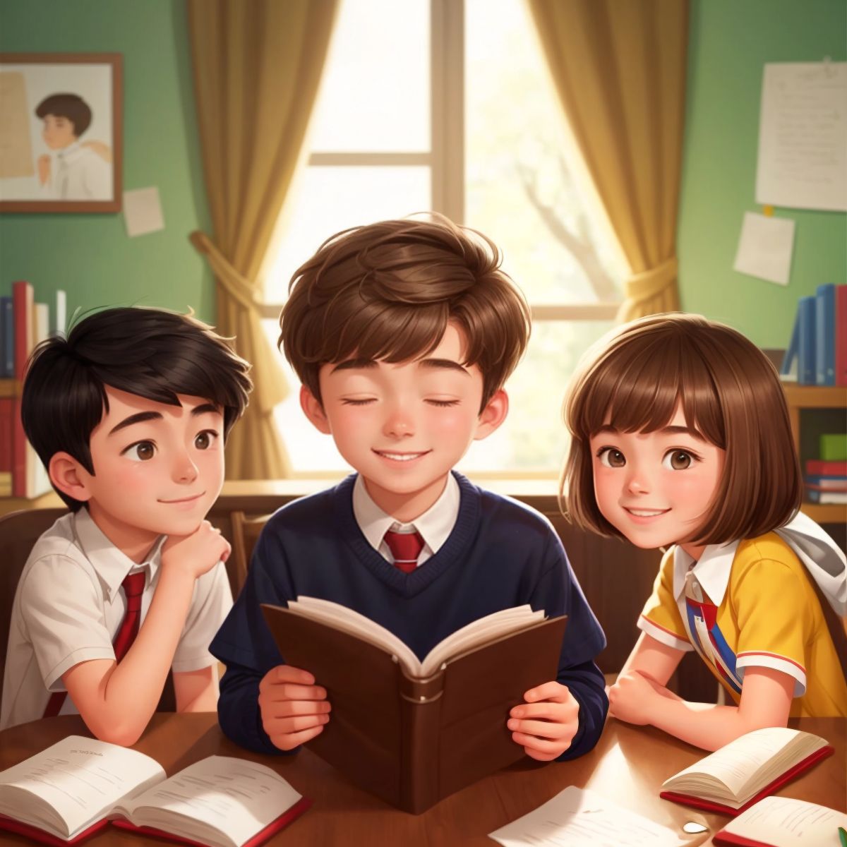 Luke reading a letter with a smile, surrounded by school books and a picture of Jason and Paulina.