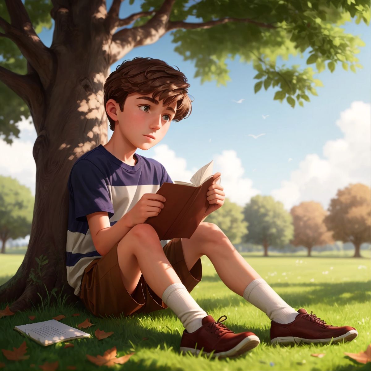 Luke sitting under a tree, writing a letter with a look of longing on his face.