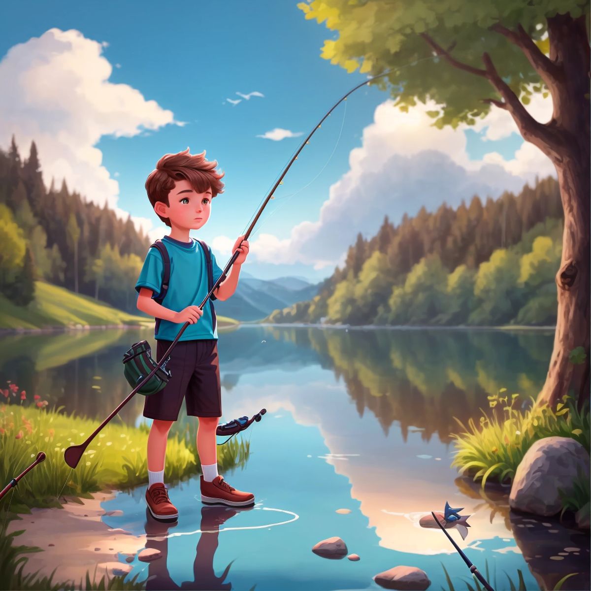Luke standing by the lake, holding a fishing rod with a small fish on the hook.
