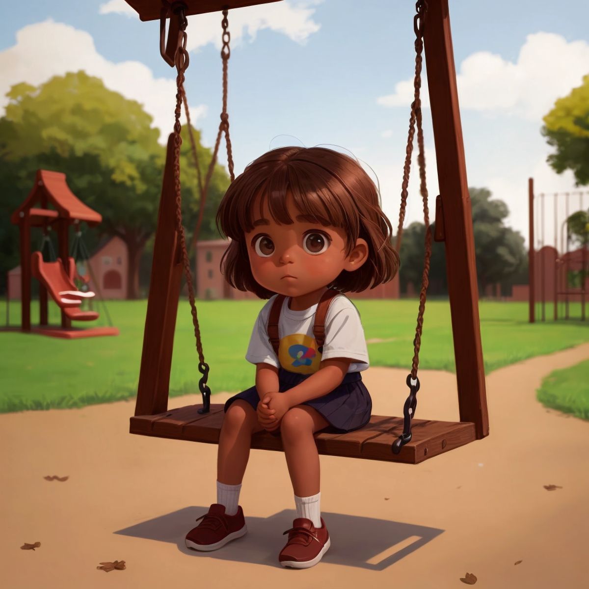 Chikie sitting alone on a swing, with a backdrop of an empty playground, looking indifferent.