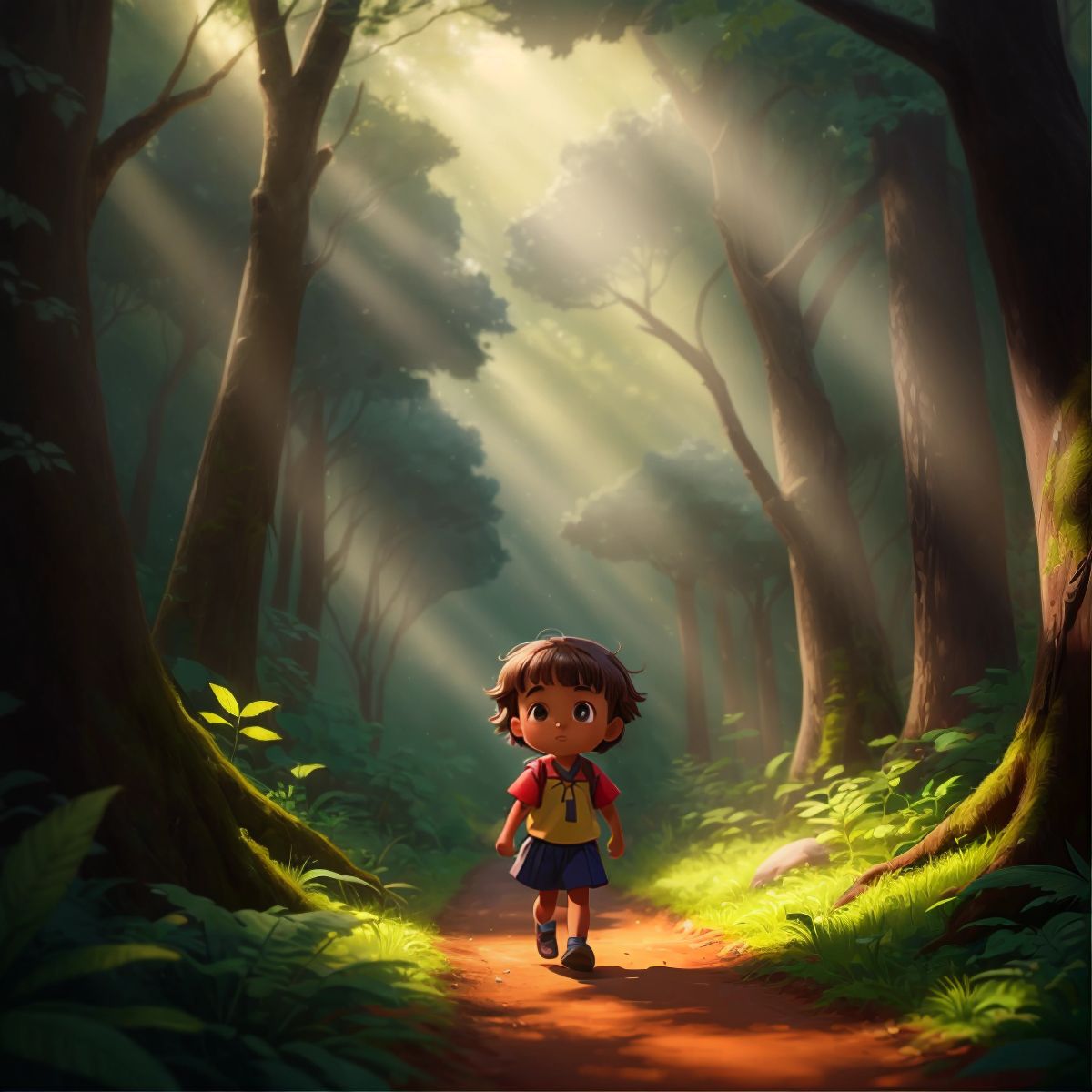 Chikie walking in the forest, with tall trees and sunlight piercing through the foliage.