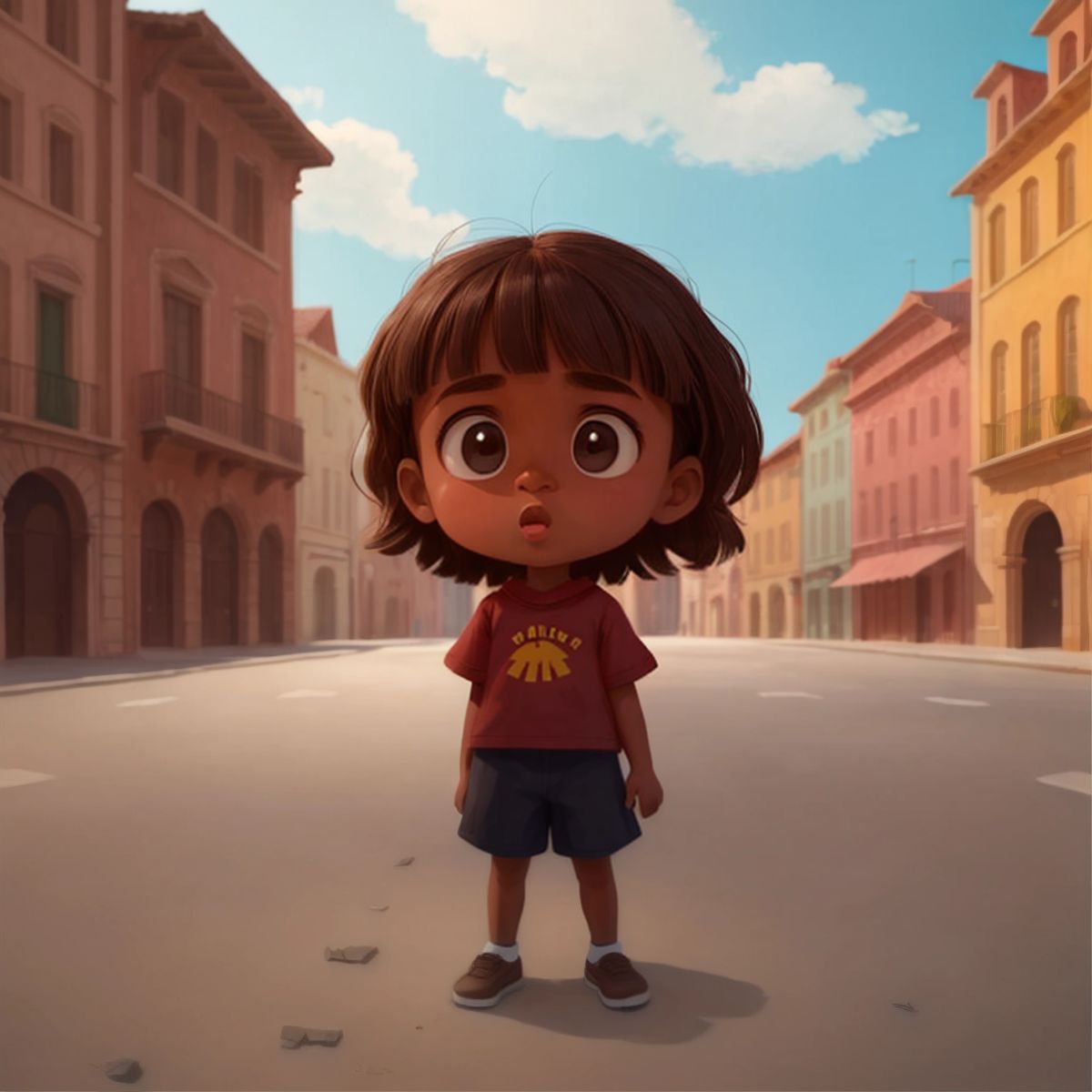 Chikie looking shocked and alone in the middle of a deserted town square, with buildings and no people around.