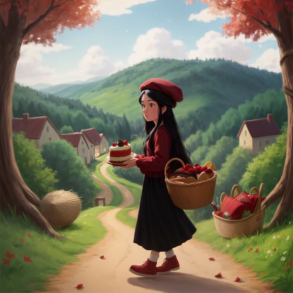 Anaya, wearing her beautiful red velvet cap, walking on a forest path with a basket containing a piece of cake and a bottle of wine. The background shows a quaint village in the distance.