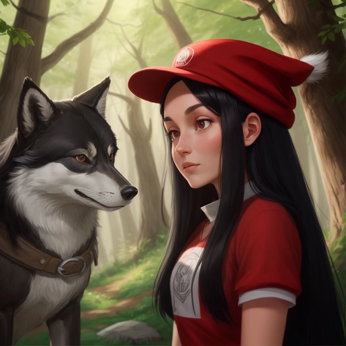 Anaya, still in her red cap, talking to a sly wolf in the forest. The wolf has a devious expression. Trees and a winding path are visible in the background.