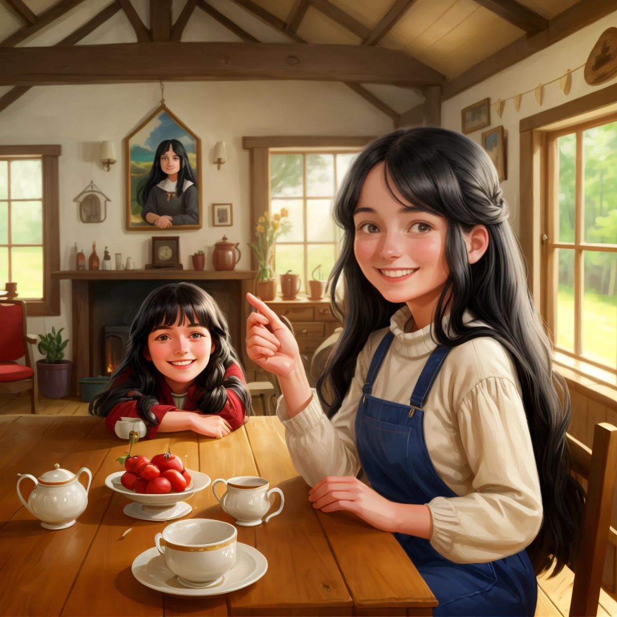 Anaya, relieved and smiling, inside her grandmother's house, with the woodcutter standing nearby. The cozy interior of the cottage is visible in the background.