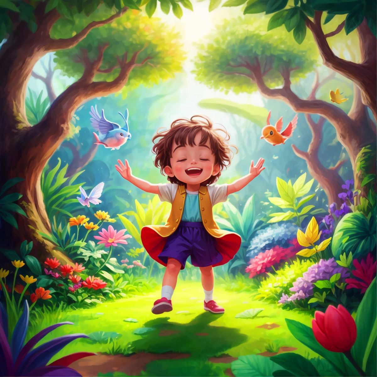 One child playing joyfully in a magical land filled with colorful plants and fantastical creatures.