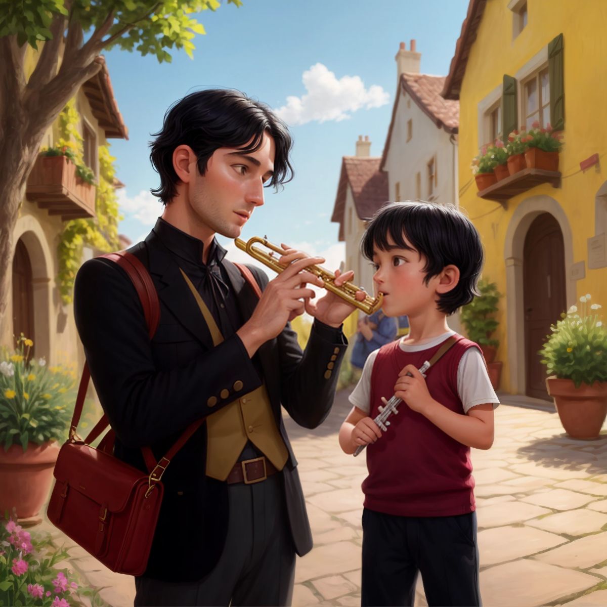 The Pied Piper playing a different tune on his flute outside of the town, with a single child following him, hinting at more to come.