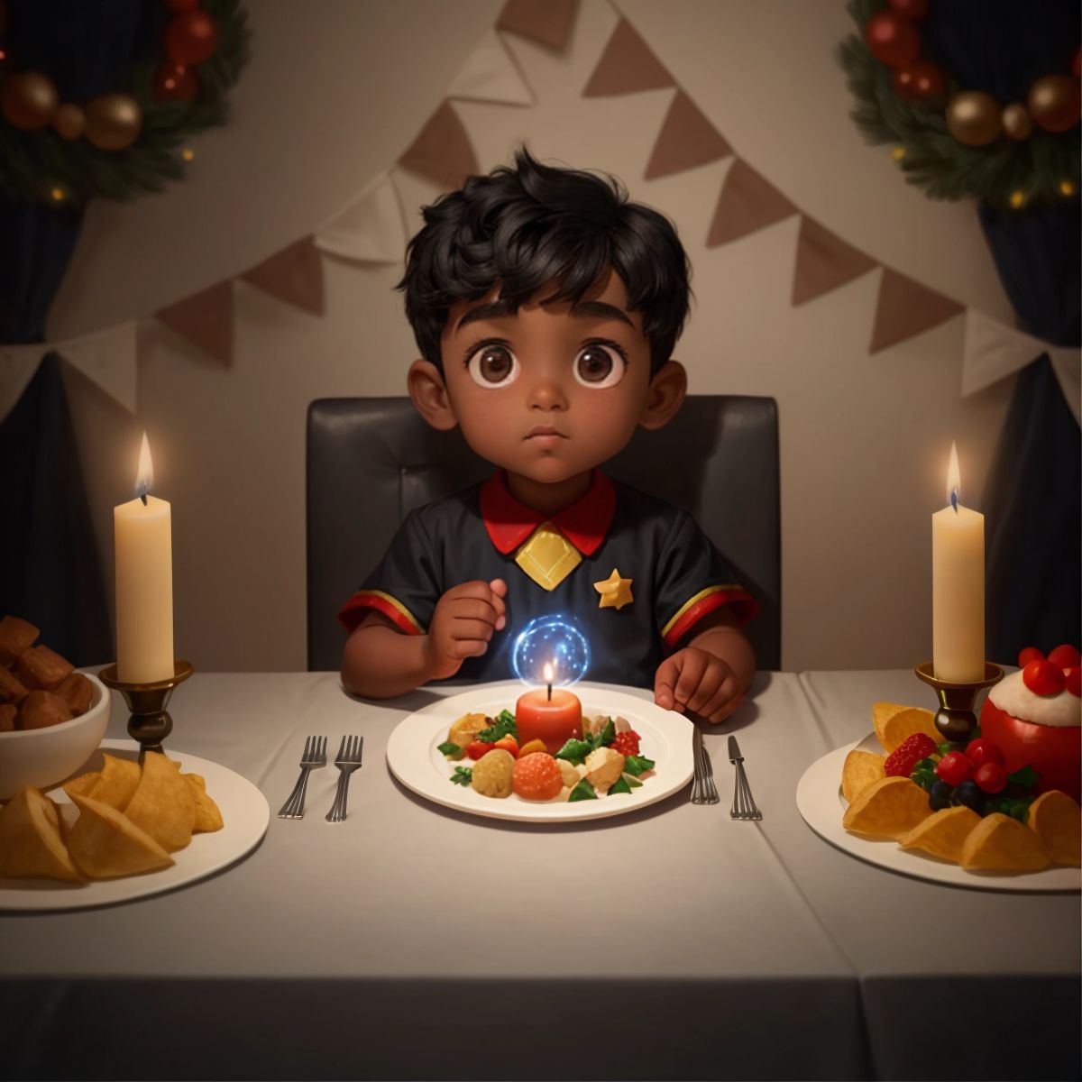 Ja'Rchy sitting at a festive table with his family, plates of food and a lit candle centerpiece