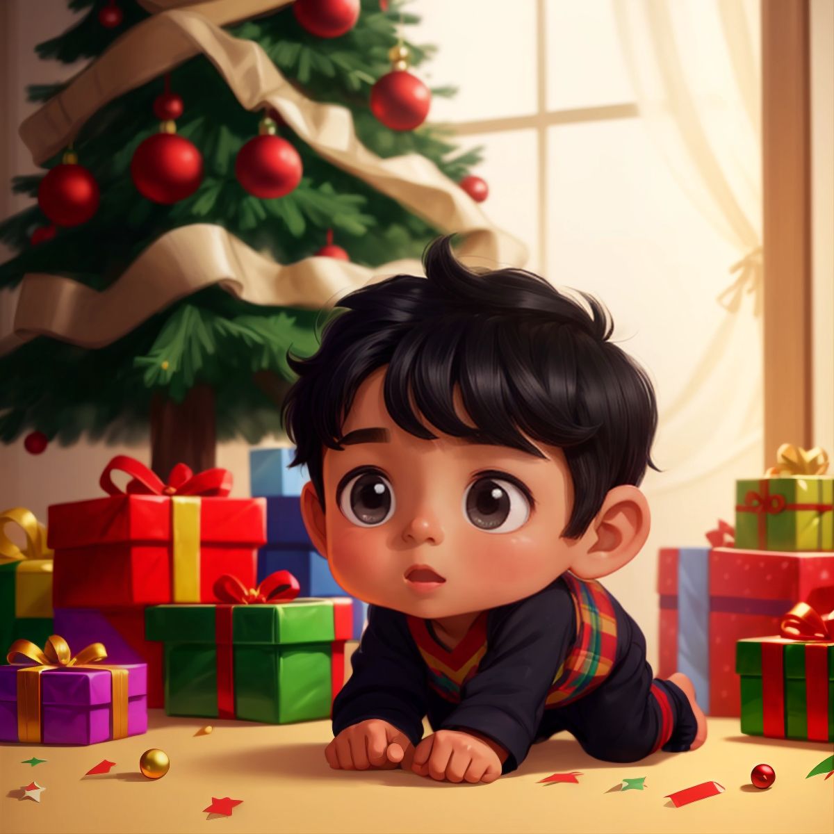 Ja'Rchy in his pajamas, excitedly looking at a pile of wrapped presents under the Christmas tree