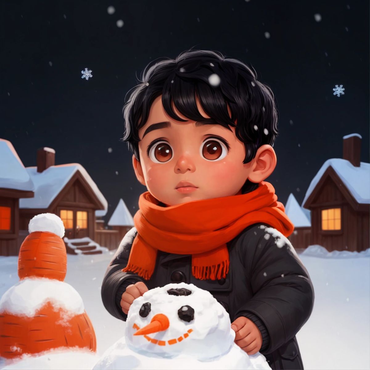 Ja'Rchy outside in the snow, wearing a warm coat and scarf, building a snowman with a carrot nose and coal eyes