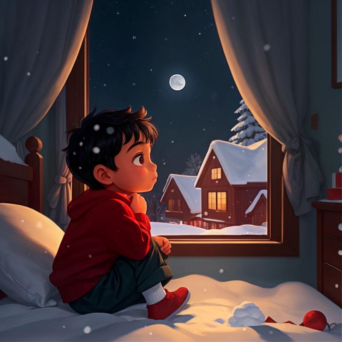 Ja'Rchy in bed, gazing out the window at falling snow, with a silhouette of Santa's sleigh in the moonlit sky