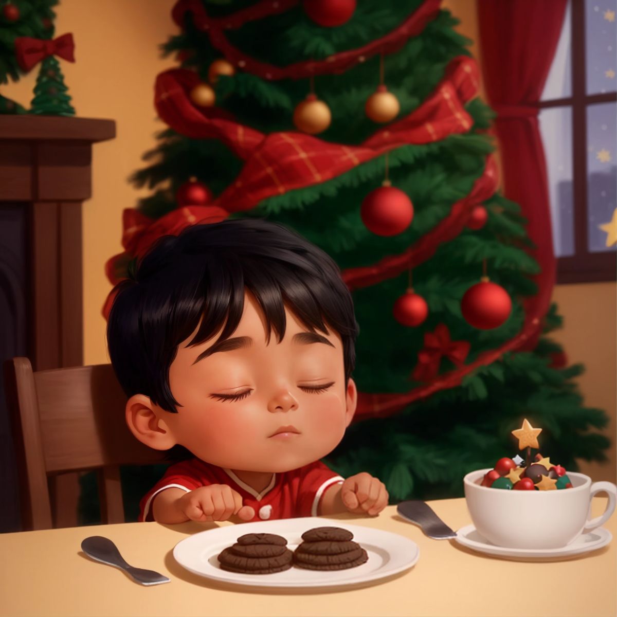 Ja'Rchy with eyes closed, making a wish in front of the decorated Christmas tree, with a plate of cookies on a table nearby