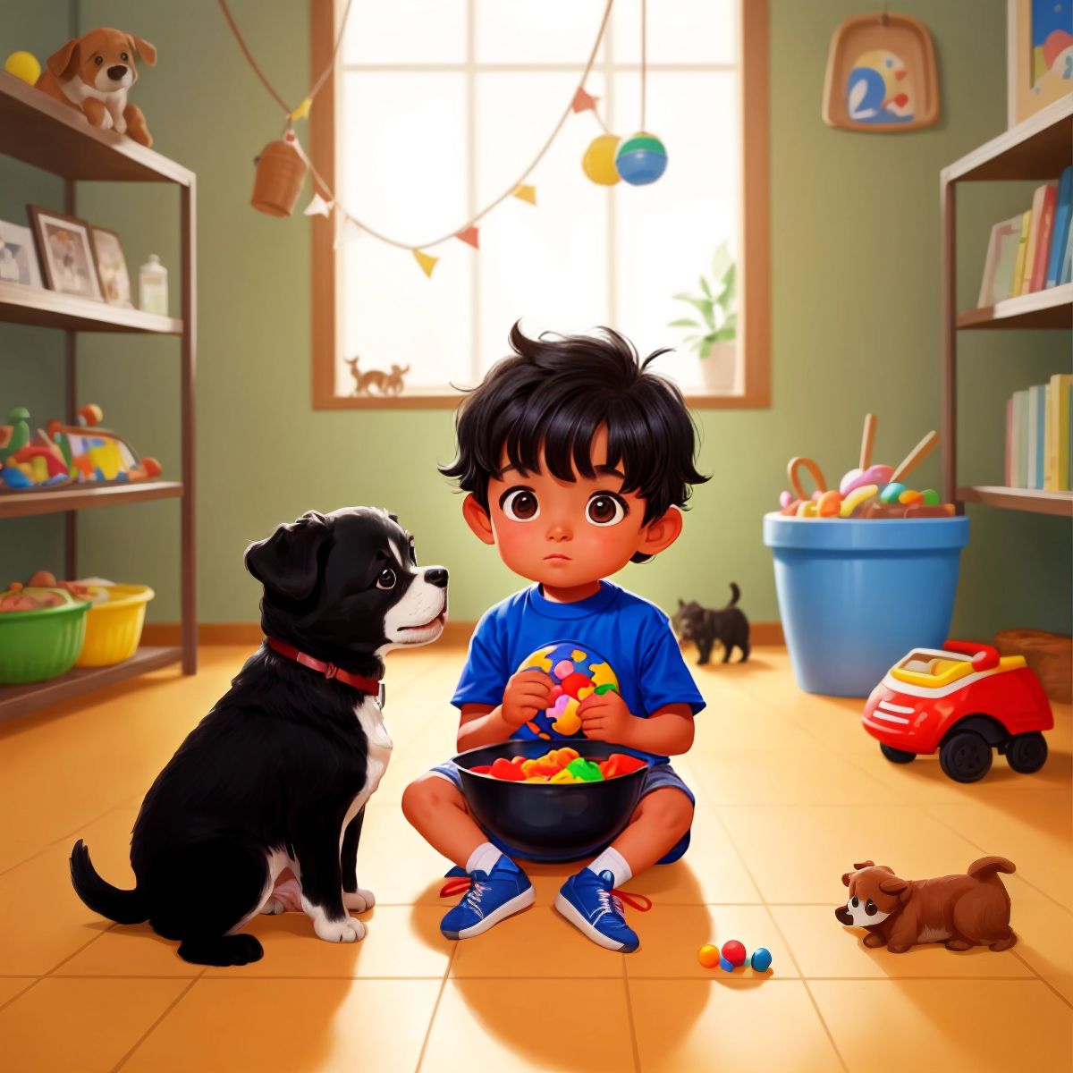 Ja'Rchy inside an animal shelter, petting a puppy with a bowl of food and toys on the floor