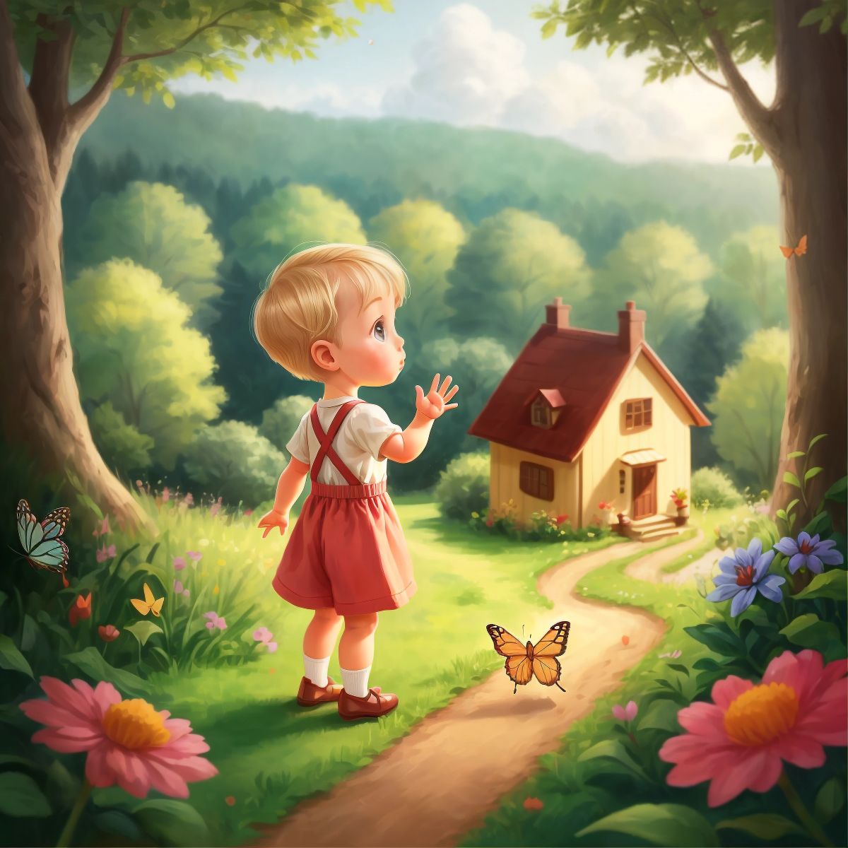 Delainey waving goodbye to a butterfly at the edge of the forest, with the cozy house visible in the distance.