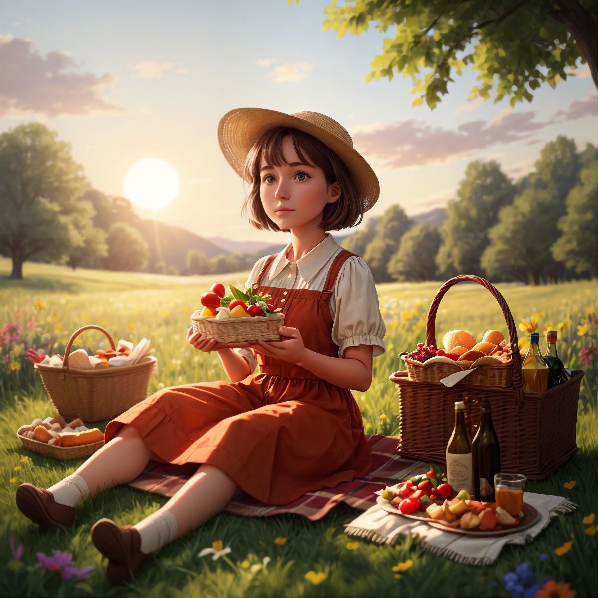 Melanie sitting on a picnic blanket in the meadow, a picnic basket beside her, and the setting sun in the background.