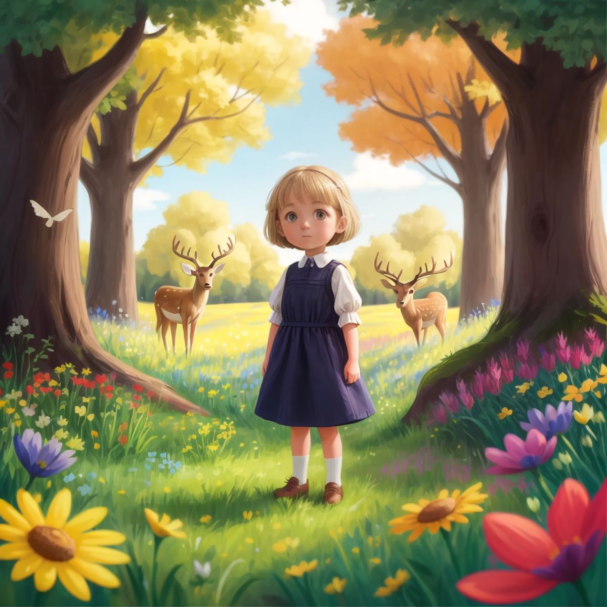 Sophia standing alone in a meadow, surrounded by colorful flowers and a deer peeking out from the trees.