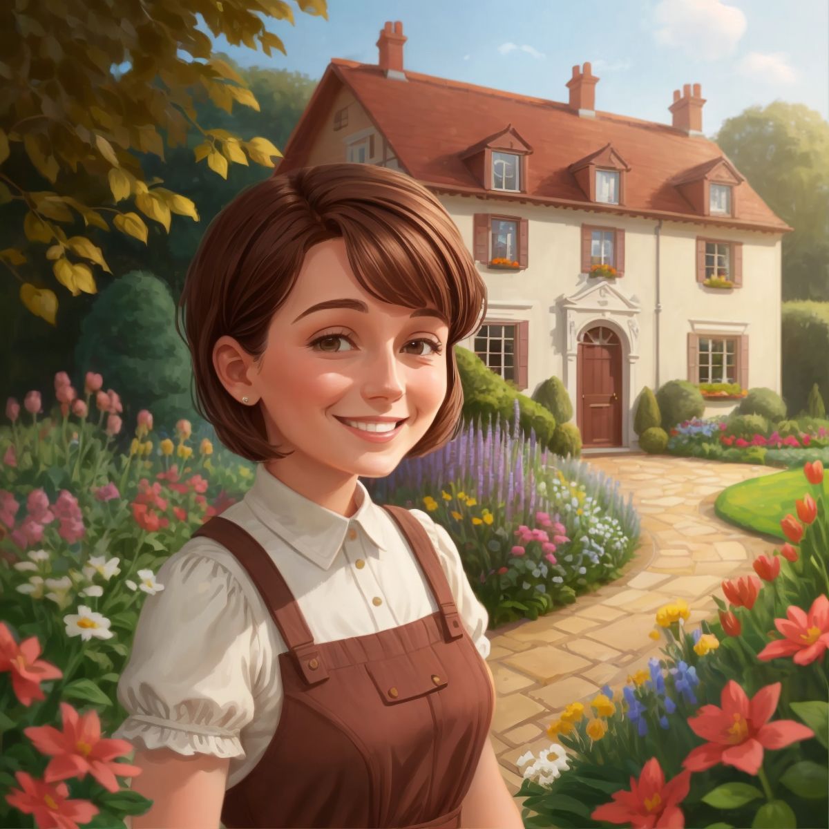 Melanie with short brown hair, smiling in her garden with a big house in the background.