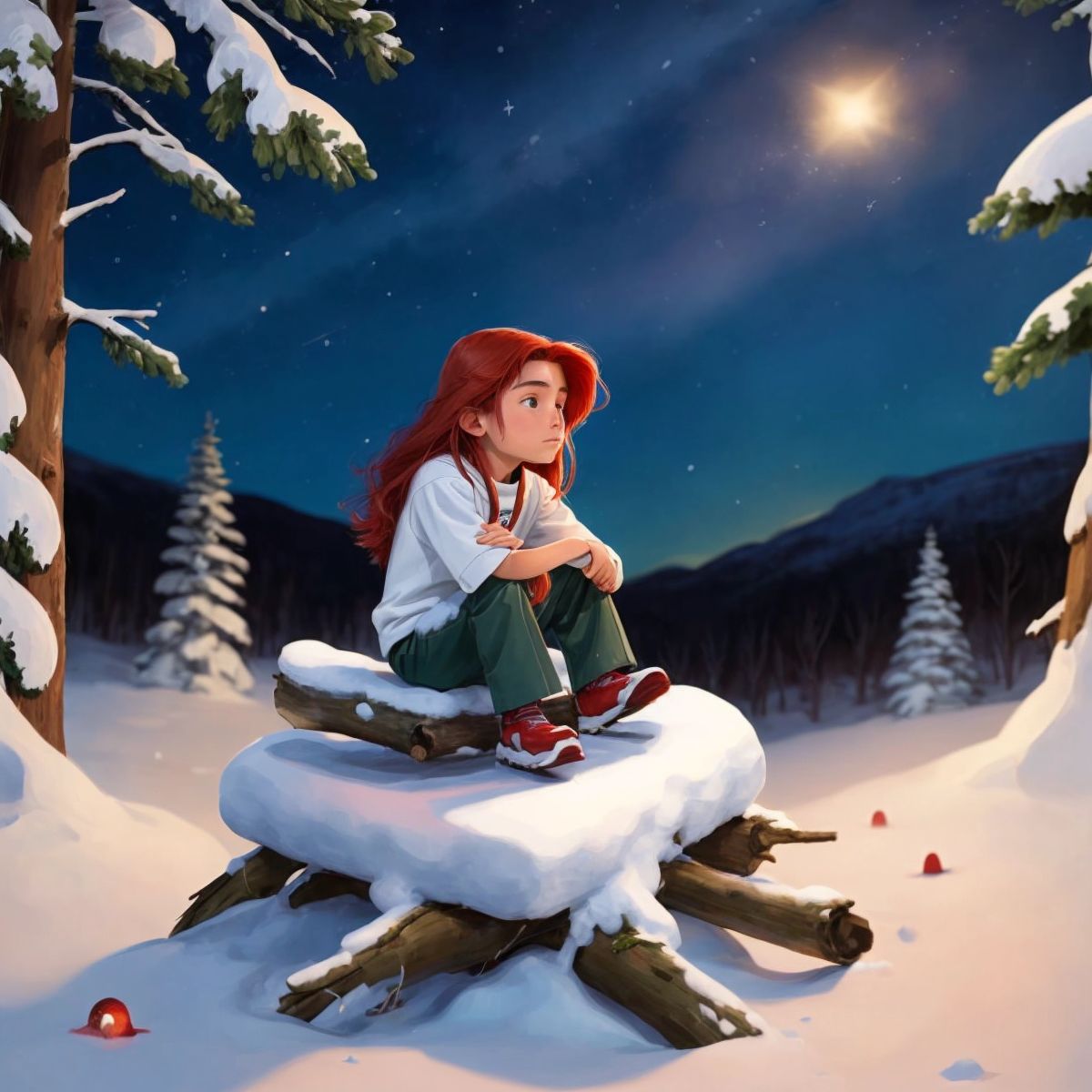 Jingle sitting alone on a snow-covered log under the star-filled sky, looking contemplative.