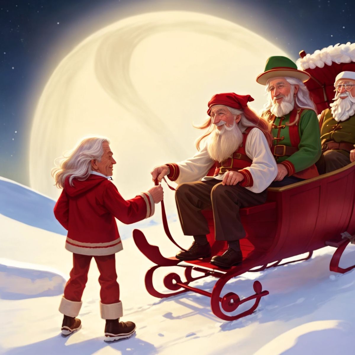 Santa congratulating Jingle, who is beaming with pride, in front of the sleigh upon their return to the North Pole.