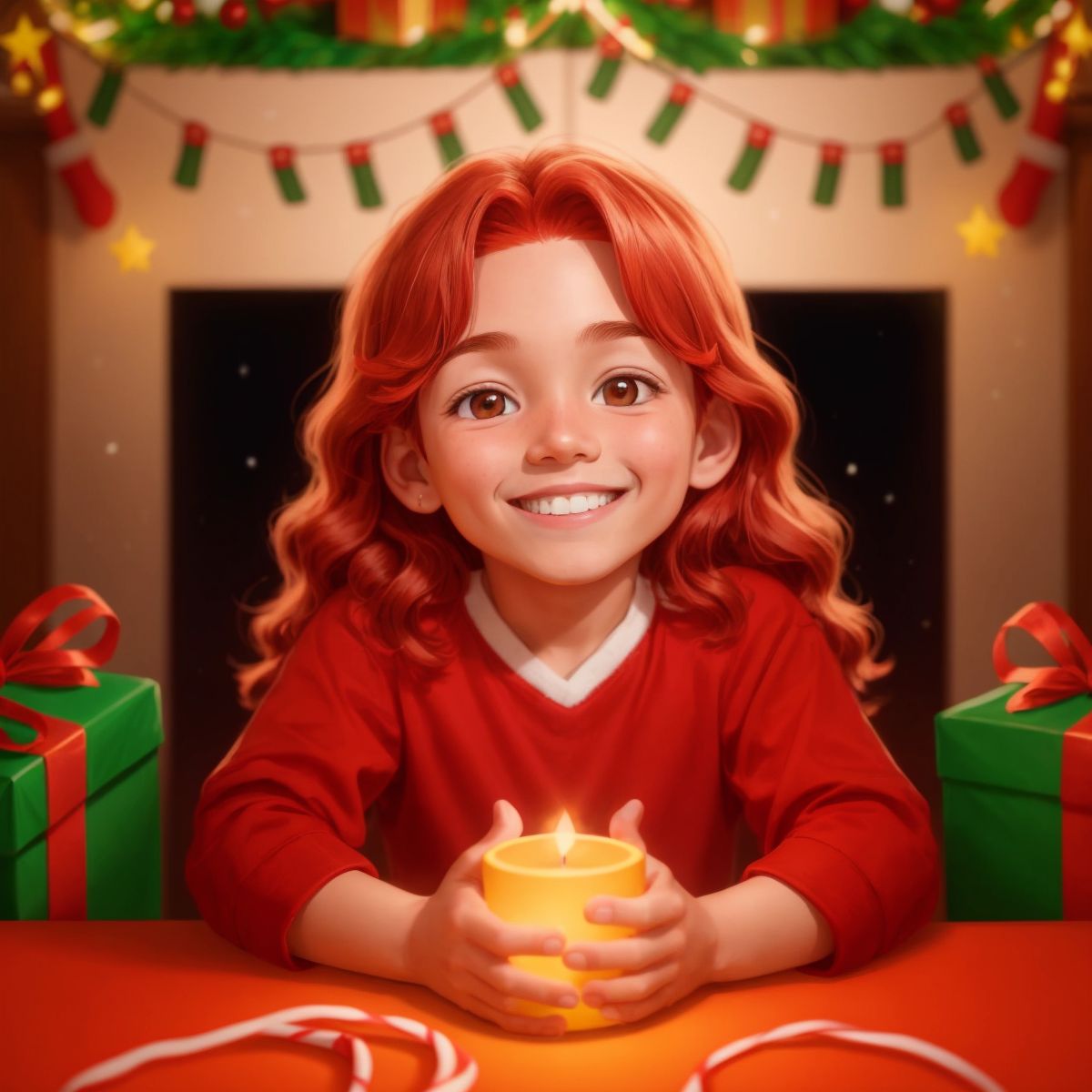 Jingle, with a content smile, surrounded by festive decorations and the glow of Christmas lights, symbolizing the warmth and joy of the season.