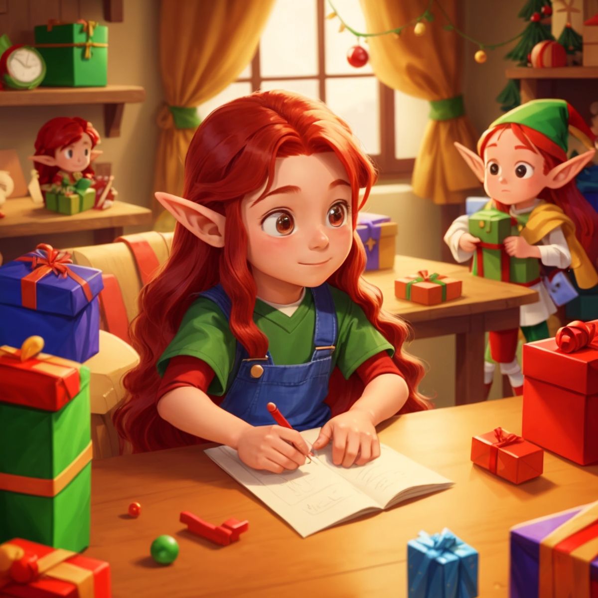 Jingle, the tiny elf with long red hair, busily wrapping gifts amidst the bustling workshop, with elves and toys in the background.