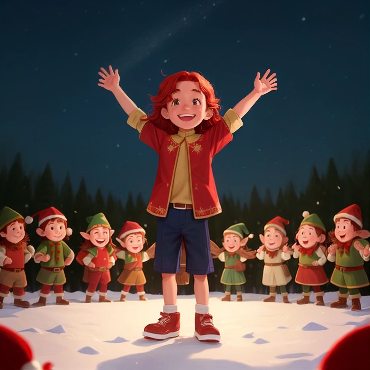 Jingle being cheered on by a crowd of elves and reindeer, as he stands in the center of the North Pole with a smile.