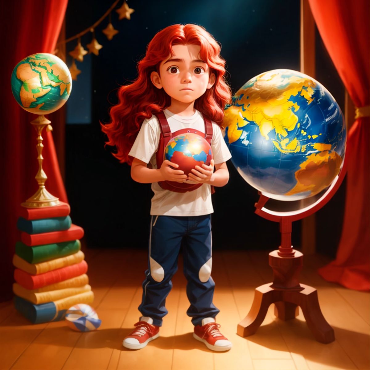 Jingle with a thoughtful expression, holding a small gift, as he stands in front of a globe, symbolizing the worldwide journey.