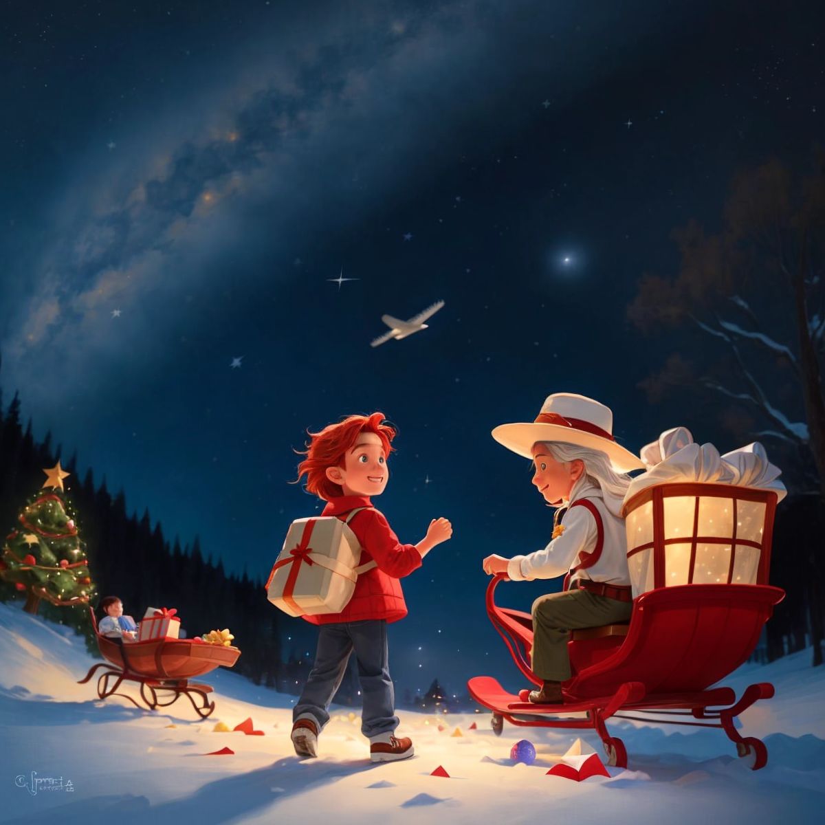 Jingle, filled with excitement, looking out from Santa's sleigh with a sack of gifts, as they fly through the starry night sky.