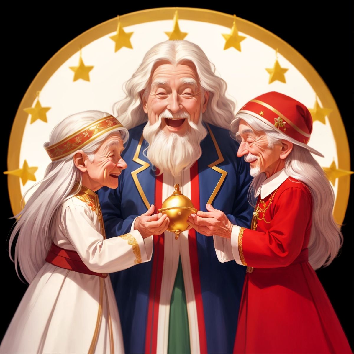 Santa, with his long white hair and jolly appearance, handing a shimmering bell to Jingle, who is looking surprised and joyful.