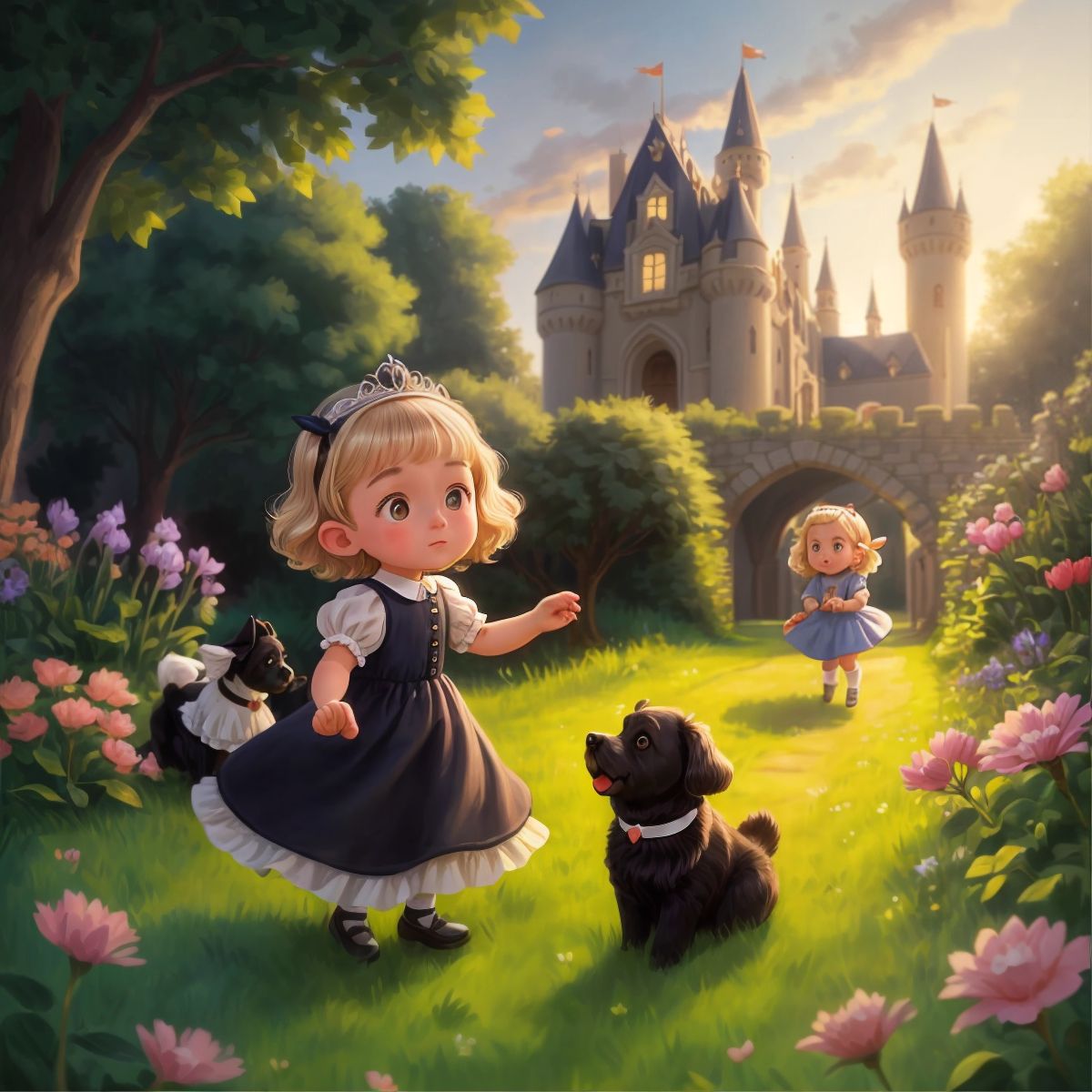 Princess Poppy and Gustav mid-leap in the garden of their castle, with the first light of dawn illuminating their faces.