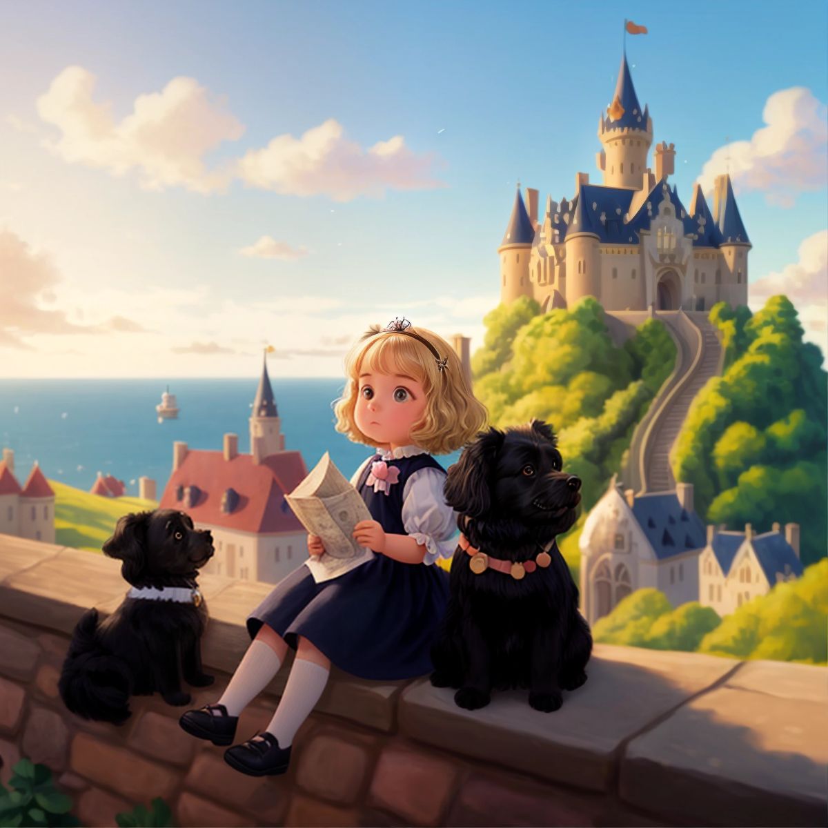 Princess Poppy and Gustav sitting on the castle's balcony, looking out at the sunny horizon with a map and a telescope beside them.